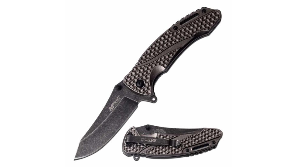 Mtech MT-A984 Spring Assisted Knife, 3.5in, 3CR13 Stainless Steel, Spear Point, Stonewashed Blade, Aluminum Handle, Stonewash, MT-A984