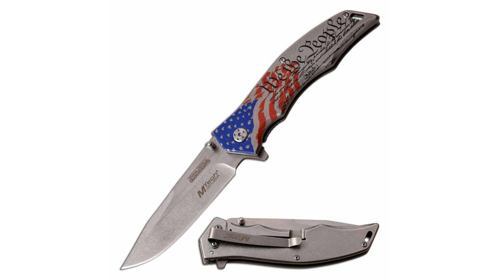 Mtech MU-A098SW Spring Assisted Knife, 3.75in, Stainless Steel, Spear Point, Stonewashed Blade, Stainless Steel Handle w/ American Flag Design, -, MX-A849SW