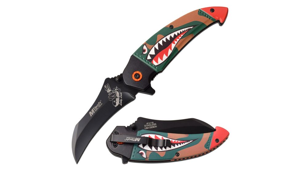 Mtech Spring Assisted Folding Knive, 3.5in Blade, Bomb Girl Art, 3CR13 Steel Blade Knive, Green/Camo, MT-A1130GN
