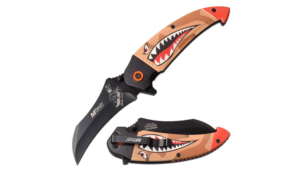 Mtech Spring Assisted Folding Knive, 3.5in Blade, Bomb Girl Art, 3CR13 Steel Blade Knive, Tan/Camo, MT-A1130TN