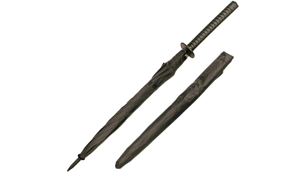 Mtech Umbrella, 40in Overall, Black Synthetic Katana Shaped Handle, Black Nylon Canopy, Black Nylon Storage Sleeve, MT-UB001K