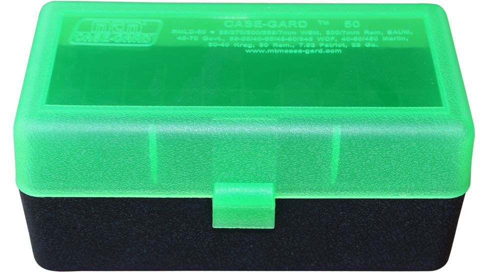 MTM Case-Gard 50 Flip Top Rifle Ammo Box For WSM And 45-70 Mechanical Hinge Clear Green/Black