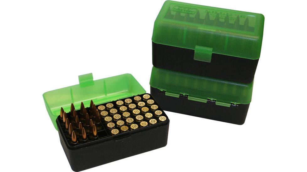 MTM Case-Gard 50 Rifle Ammo Boxes .22-250 To .308 Clear Green/Black