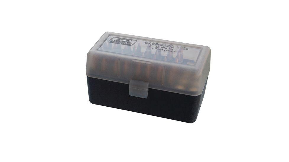 MTM Case-Gard 50 Rifle Ammo Boxes .220 Swift To .458 Winchester Mechanical Hinge Clear Smoke/Black