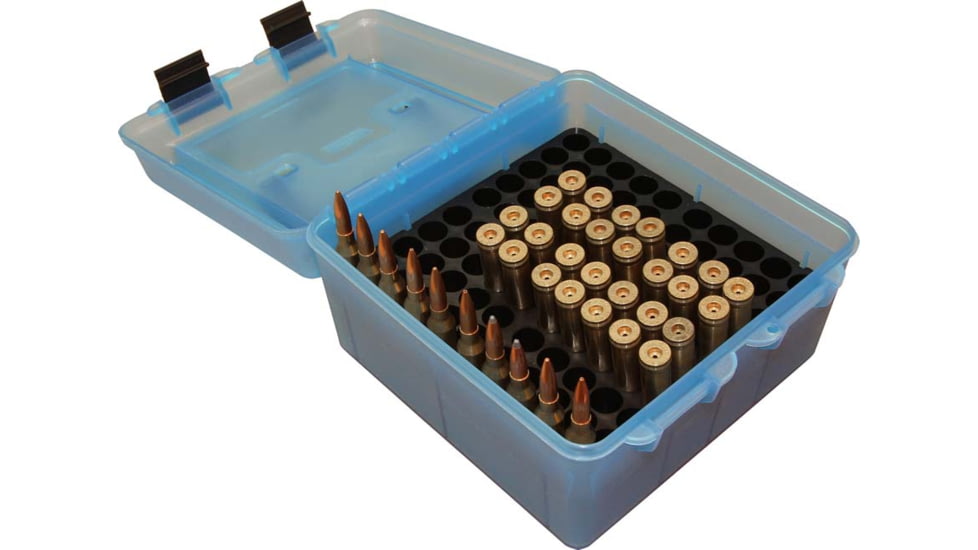 MTM Deluxe Ammo Box 100 Round Handle, WSM WSSM Ultra Mag, Clear/Blue, R-100-MAG-24