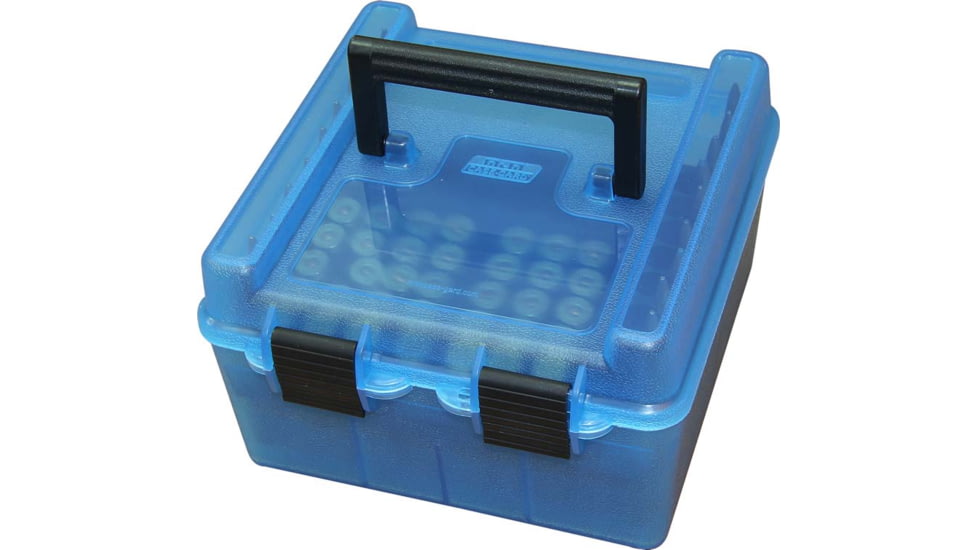 MTM Deluxe Ammo Box 100 Round Handle, WSM WSSM Ultra Mag, Clear/Blue, R-100-MAG-24