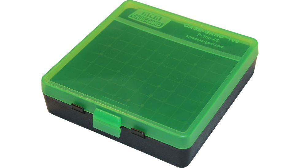 MTM P-100 Fliptop Box .45 ACP/10mm/.40 S&amp;W/.41 AE Clear Green/Black