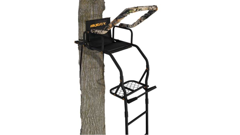 Muddy Outlander Ladderstand, includes 1-1in Ratchet Strap, 2-1in Stabilizer Straps, Adjustable Support Bar, Full Body Arrest Harness, Padded, flip-back Shooting Rail, Black/Camo MLS1100
