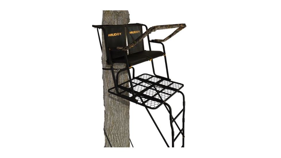 Muddy Partner 2-Man Ladderstand, includes 2-1in Ratchet Strap, 2-1in Stabilizer Straps, 2-Full Body Arrest Harnesses, Adjustable Support Bar, Padded, Flip-Back Shooting Rail, Black/Camo MLS2300