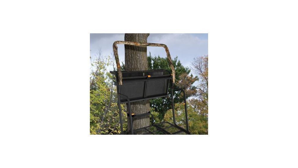 Muddy Partner 2-Man Ladderstand, includes 2-1in Ratchet Strap, 2-1in Stabilizer Straps, 2-Full Body Arrest Harnesses, Adjustable Support Bar, Padded, Flip-Back Shooting Rail, Black/Camo MLS2300
