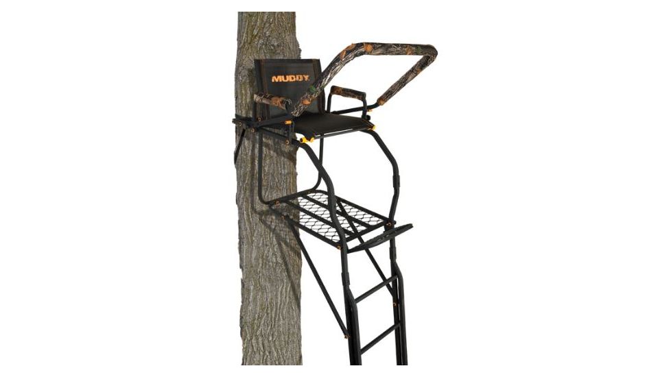 Muddy Skybox Ladderstand, includes 1-1in Ratchet Strap, 2-1in Stabilizer Straps, Adjustable Support Bar, Full Body Arrest Harness, Adjustable Padded Shooting Rail that flips back., Black/Camo MLS1500