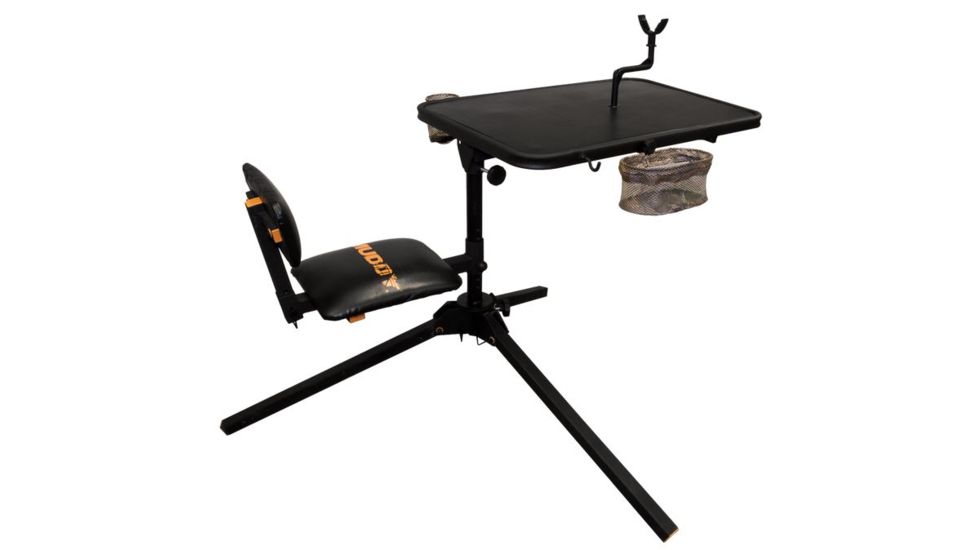 Muddy Xtreme Shooting Bench, includes Interchangeable Accessories - 1x Cup Holder, 1x EZ Access Gear Basket, &amp; 1x Gear Hook. Adjustable, Rubber Molded Grip Gunrest, Black MSB500