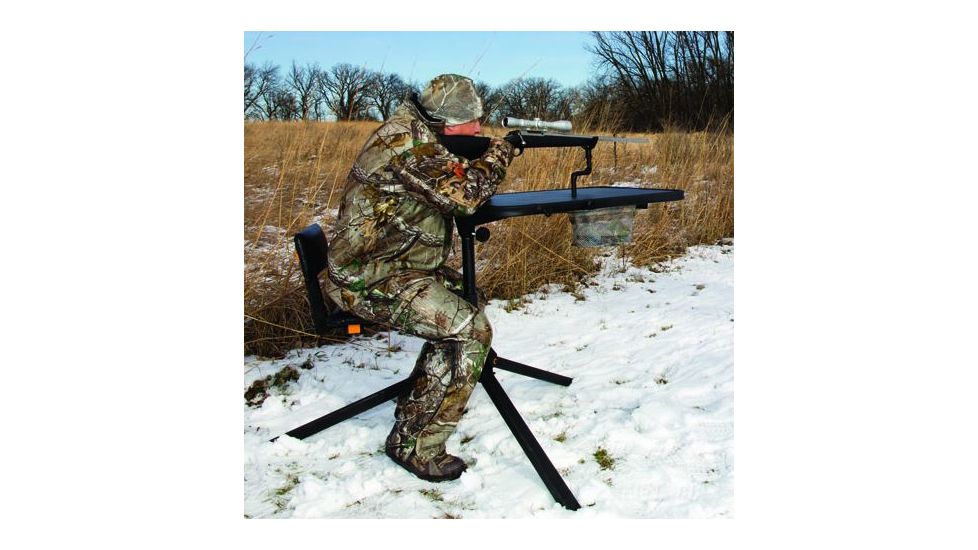 Muddy Xtreme Shooting Bench, includes Interchangeable Accessories - 1x Cup Holder, 1x EZ Access Gear Basket, &amp; 1x Gear Hook. Adjustable, Rubber Molded Grip Gunrest, Black MSB500