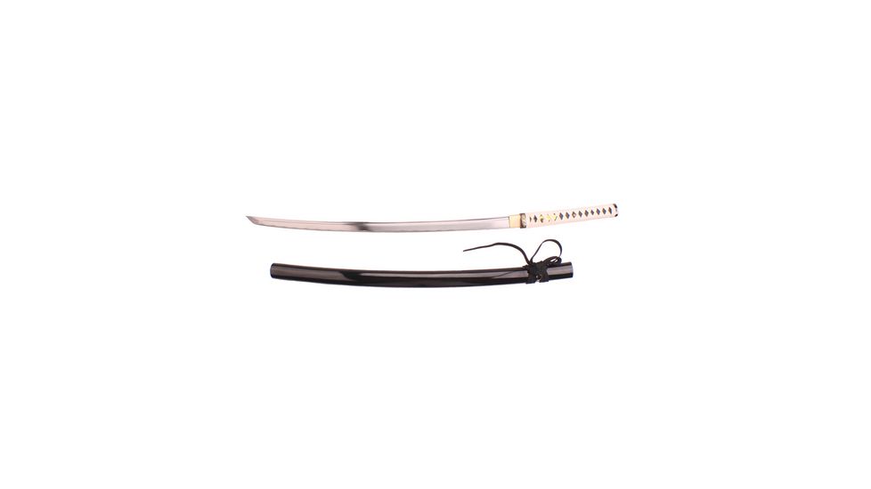 Musashi 27in Carbon Steel Katana Blade, Lacquered High Gloss Black Saya, White Ita And Faux Black Rayskin, SS087