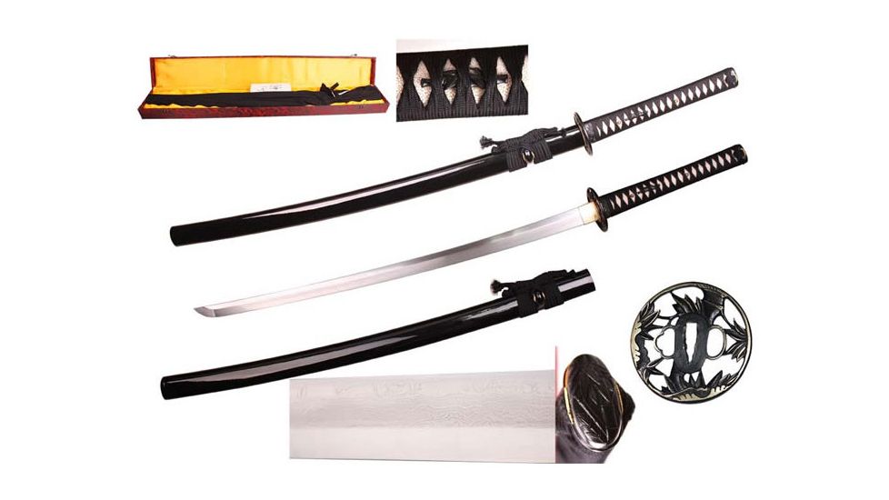 Musashi Gold Collection Katana, 27in 1065 Carbon Steel And 65 Mn Steel Traditional Hand Forged Blade, Real Ray Skin Wrapped Grip And Silk Cord Wrapped Handle, Black, SS401-2
