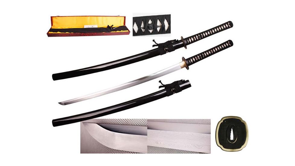 Musashi Gold Collection Katana, 27in 1065 Carbon Steel And 65 Mn Steel Traditional Hand Forged Blade, Real Ray Skin Wrapped Grip And Silk Cord Wrapped Handle, Black, SS401-3