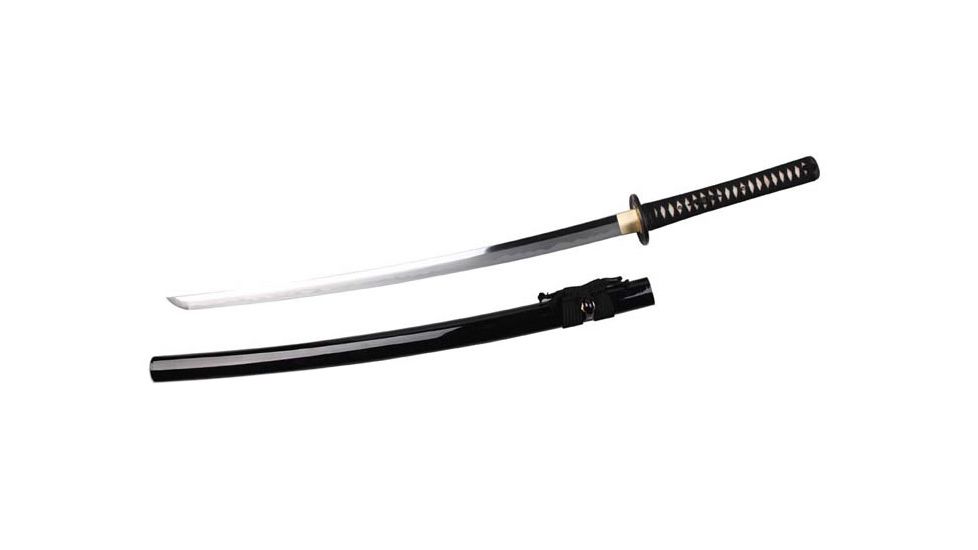 Musashi Gold Collection Katana, 27in 1065 Carbon Steel And 65 Mn Steel Traditional Hand Forged Blade, Real Ray Skin Wrapped Grip And Silk Cord Wrapped Handle, Black, SS401-5