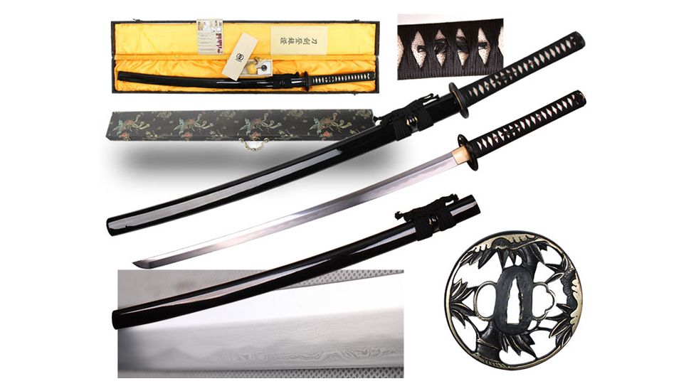 Musashi Gold Collection Katana, 27in 1095 Carbon Steel And 65 Mn Steel Traditional Hand Forged Blade, Real Ray Skin Wrapped Grip And Silk Cord Wrapped Handle, Black, SS411-2