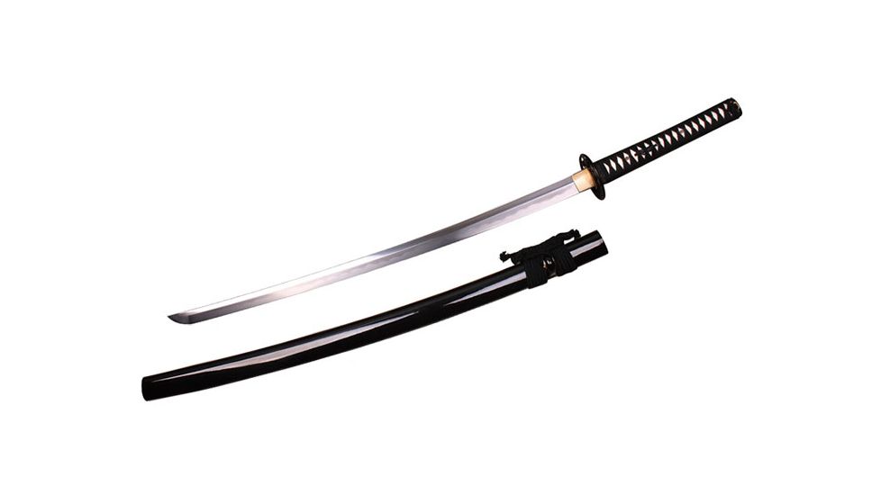 Musashi Gold Collection Katana, 27in 1095 Carbon Steel And 65 Mn Steel Traditional Hand Forged Blade, Real Ray Skin Wrapped Grip And Silk Cord Wrapped Handle, Black, SS411-2