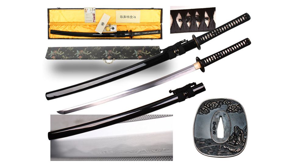 Musashi Gold Collection Katana, 27in 1095 Carbon Steel And 65 Mn Steel Traditional Hand Forged Blade, Real Ray Skin Wrapped Grip And Silk Cord Wrapped Handle, Black, SS411-5