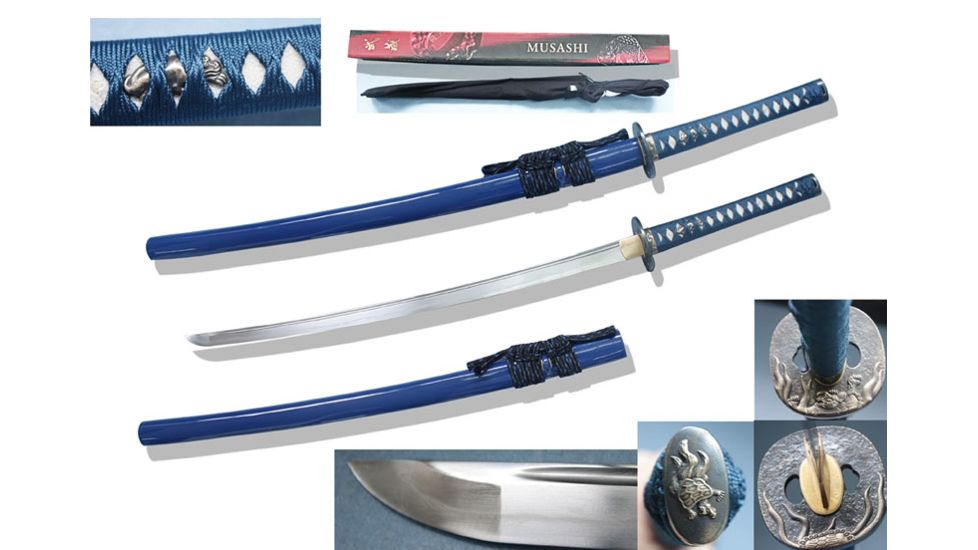 Musashi Hand Forged Damascus Steel Katana, 27in Firing Pattern Steel Blade, High Quality Piano Paint Finished Scabbard, Blue, SS242BL
