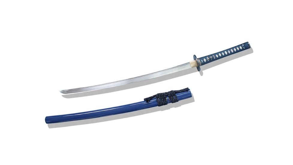 Musashi Hand Forged Damascus Steel Katana, 27in Firing Pattern Steel Blade, High Quality Piano Paint Finished Scabbard, Blue, SS242BL