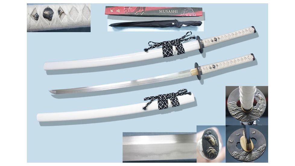 Musashi Hand Forged Damascus Steel Katana, 27in Firing Pattern Steel Blade, High Quality Piano Paint Finished Scabbard, White, SS241WT