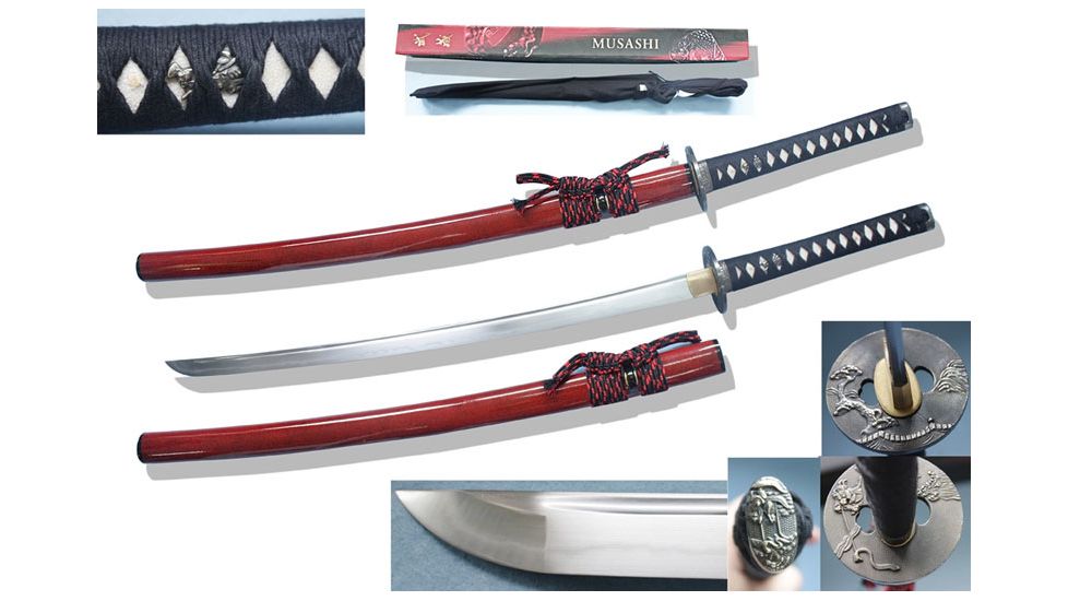 Musashi Hand Forged Damascus Steel Katana, 27in Firing Pattern Steel Blade, High Quality Piano Paint Red Sprinkled With Black Foils Scabbard, SS244RD