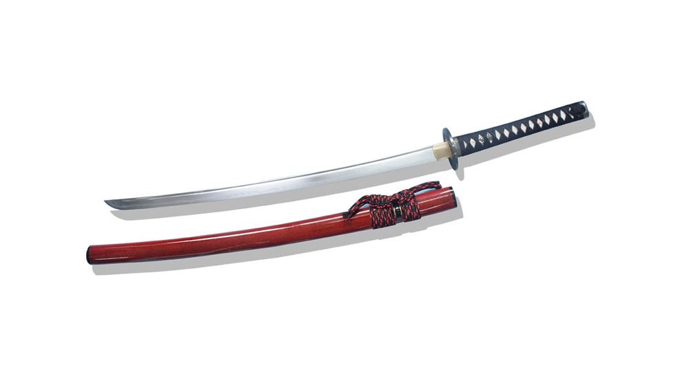 Musashi Hand Forged Damascus Steel Katana, 27in Firing Pattern Steel Blade, High Quality Piano Paint Red Sprinkled With Black Foils Scabbard, SS244RD