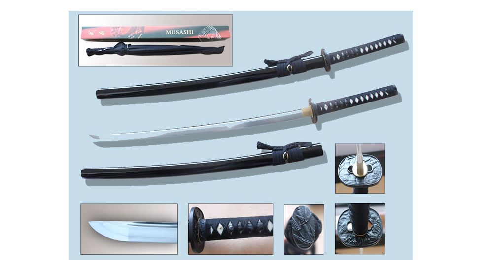 Musashi Hand Forged Katana, 27in Blade, Real Ray Skin Wrapped Grip And Black Cotton Cord Wrap, High Quality Piano Paint Black, SS812BK