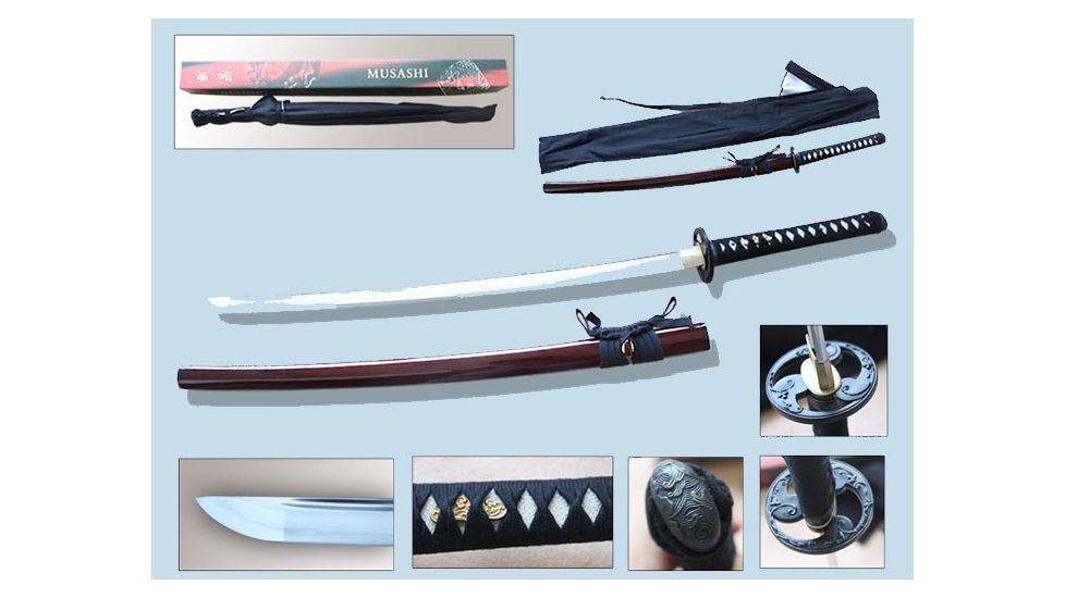 Musashi Hand Forged Katana, 27in Blade, Real Ray Skin Wrapped Grip And Black Cotton Cord Wrap, High Quality Piano Paint Burgandy, SS814BD