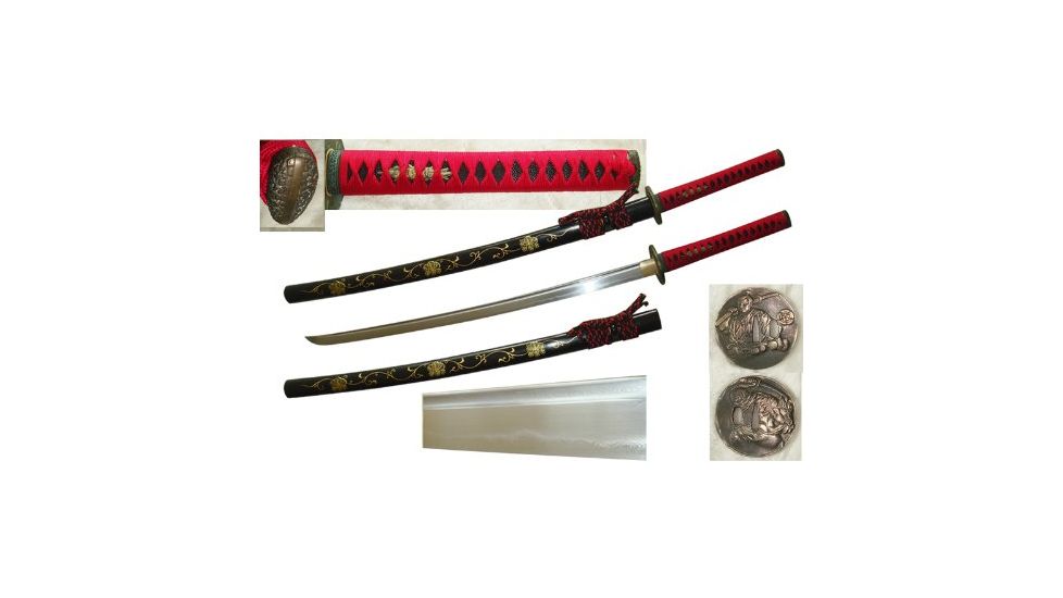 Musashi Hand Forged Muku-Kitae Katana, 27in 1040 Carbon Steel And T10 High Carbon Steel Firged 828 Layers Damascus Steel Blade, Real Ray Skin Wrapped Grip And Red Cotton Cord Wrap, SS816