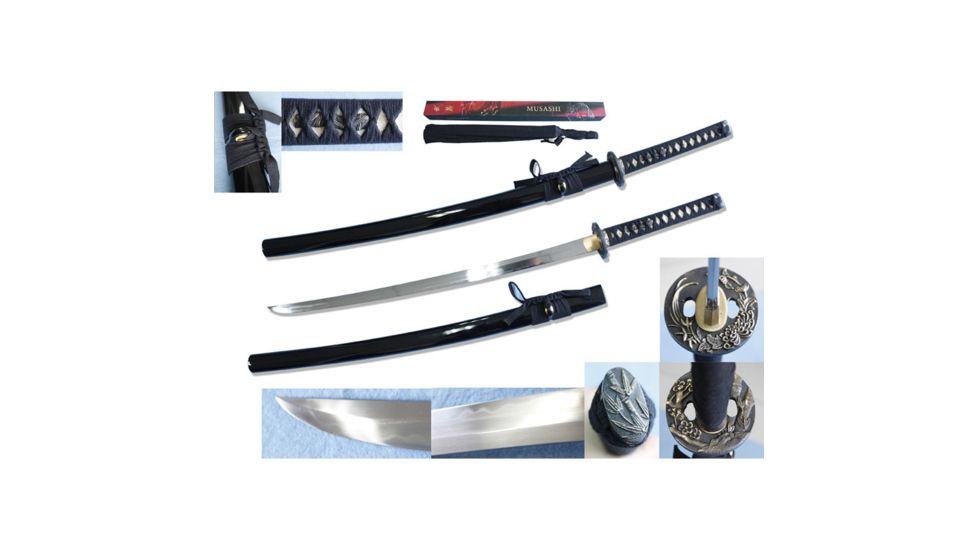 Musashi Hand Forged Muku-Kitae Katana, 27in 1060 Steel With Water Tempered Process Blade, Real Rayskin Wrapped Grip And Black Cotton Cord Wrap, Black, SS819