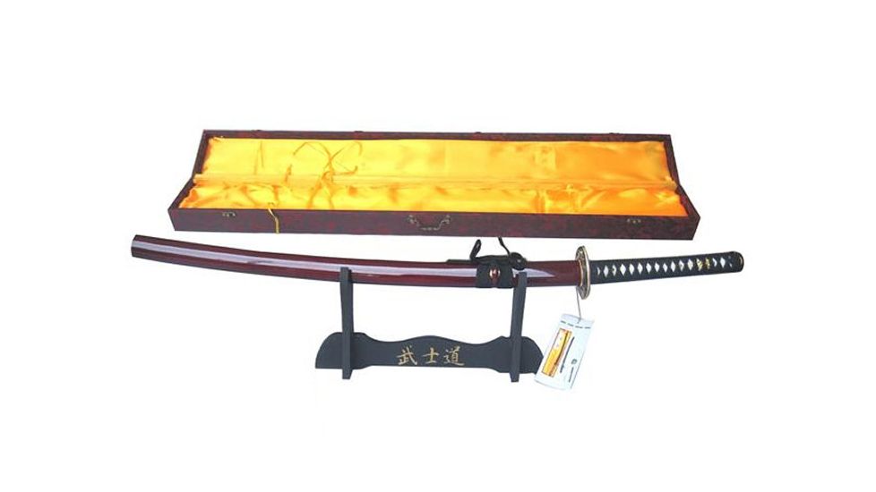 Musashi Hand Forged Muku-Kitae Katana, 28.5in 1045 Steel With Water Temper Process Blade, Real Ray Skin Wrapped Grip And Black Cotton Cord Wrap, Brown, SS919BR-1