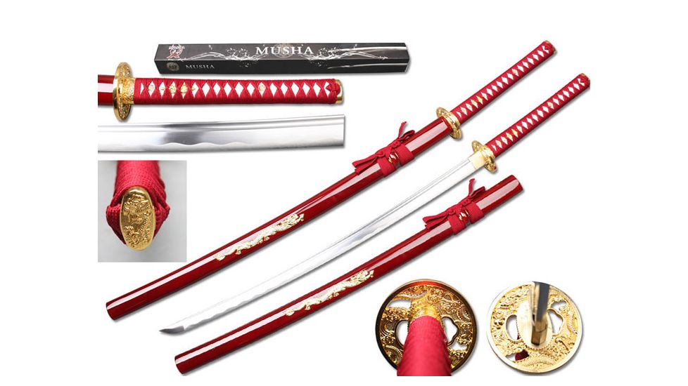 Musashi Musha Handmade Samurai Swords, 40 1/2 1045 Carbon Steel Blade w/ Crystal Dragon On The Scabbard, Red, SS064RD