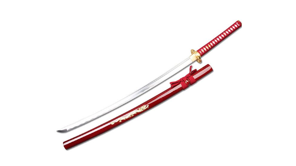 Musashi Musha Handmade Samurai Swords, 40 1/2 1045 Carbon Steel Blade w/ Crystal Dragon On The Scabbard, Red, SS064RD