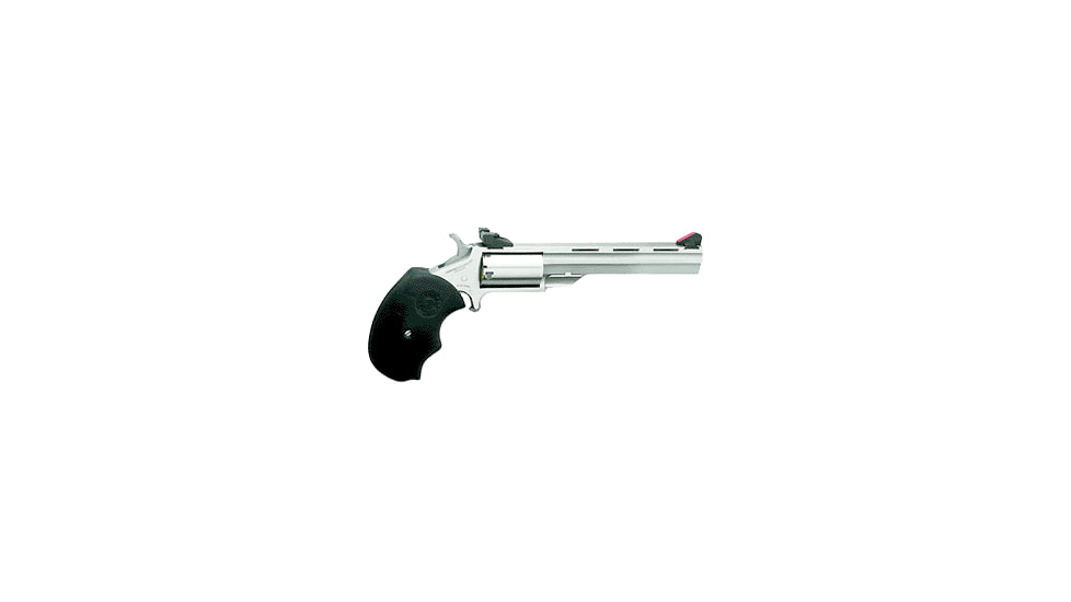 North American Arms Mini-Master Revolver, .17 Hornady Magnum Rimfire, 4 in barrel, stainless steel frame, black rubber grip, revolving chamber, single-action, half-way notch cylinder, blade front, notch rear, 5 round magazine, NAA-MINI-MST-FRRMPG