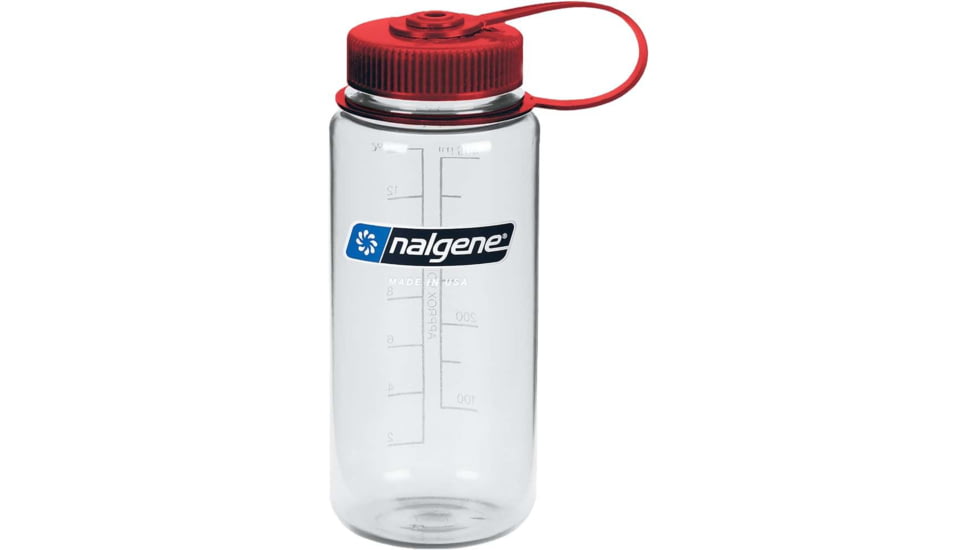Nalgene Wide Mouth On The Fly Sustain Water Bottle, 16 oz, Clear with Red Cap, 16oz, 682021-0335