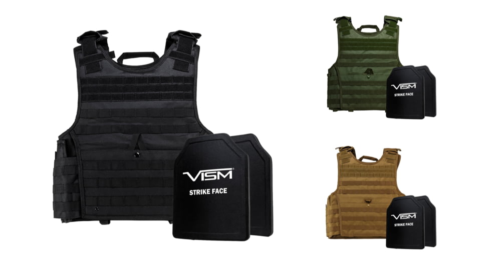 NcSTAR Expert Carrier Vest w/Two 10x12in Shooters Cut Hard PE Ballistic Panels, Black, Green, Tan