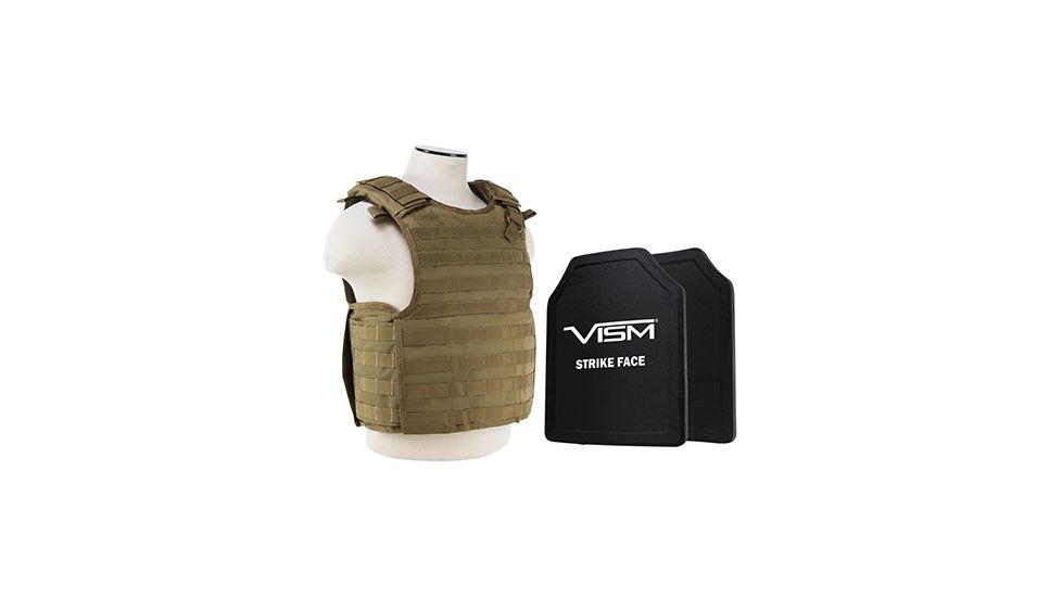 NcSTAR Quick Release Carrier Vest w/Two 11x14in Shooters Cut Hard PE Ballistic Panels, Tan, Medium - 2XL BPLCVPCVQR2964T-A