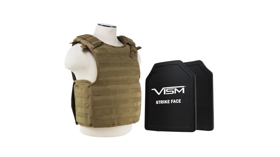 NcSTAR Quick Release Carrier Vest w/Two 11x14in Shooters Cut Hard PE Ballistic Panels, Tan, Medium - 2XL, BPLCVPCVQR2964T-A