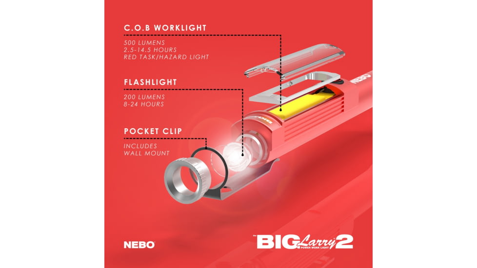 Nebo Big Larry 2 COB LED Flashlight, AA, White/Red COB, 500 Lumens, Red, NEB-WLT-0002