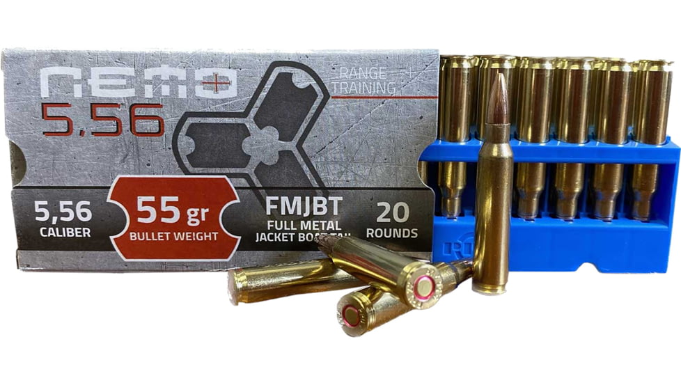NEMO Arms 5.56mm 55 grain Full Metal Jacket Boat Tail Brass Cased Rifle Ammo, 20 Rounds, 556M193NA-55-FO