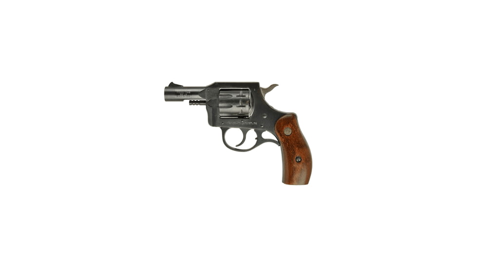 New England Firearms R92 Revolver, .22 Long Rifle, 2.5 in barrel, blued steel frame, smooth walnut grip, revolving chamber, fixed blade and notch, 9 round cylinder, R92-1-FRRMPG