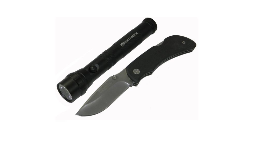 Night Armor Knife/Light Combo,2AA LED Flashlight,130 Lumens and Knife,Overall Length 7.4in,Drop Tip Point Steel Blade,Pakka Wood Handle,Matte Black NA807CBO