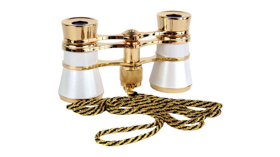 Lascala Optics Carmen Opera Glasses, Flashlight and Chain, White Body, Golden Rings LSCFL-09