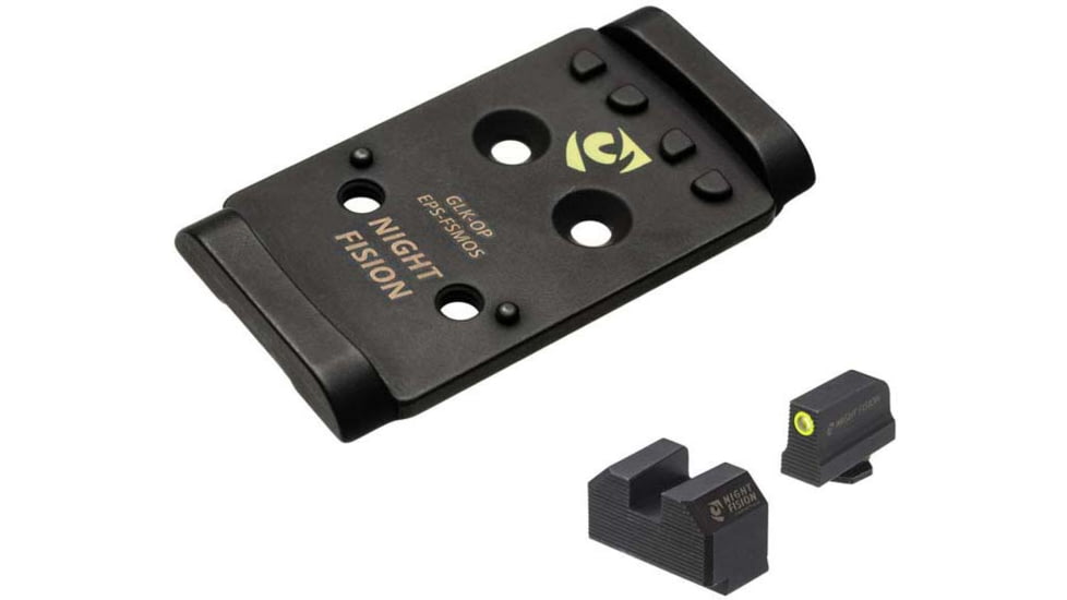 Night Fision Optic Plate + Tritium Ylw Front Sight Combo EPS to Glock Full Size MOS, Black, GLK-OPBS-EPS-MOS-YGZX