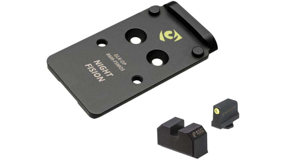 Night Fision Optic Plate + Tritium Ylw Front Sight Combo RMR/507c to Glock Full Size MOS, Black, GLK-OPBS-RMR-MOS-YGZX