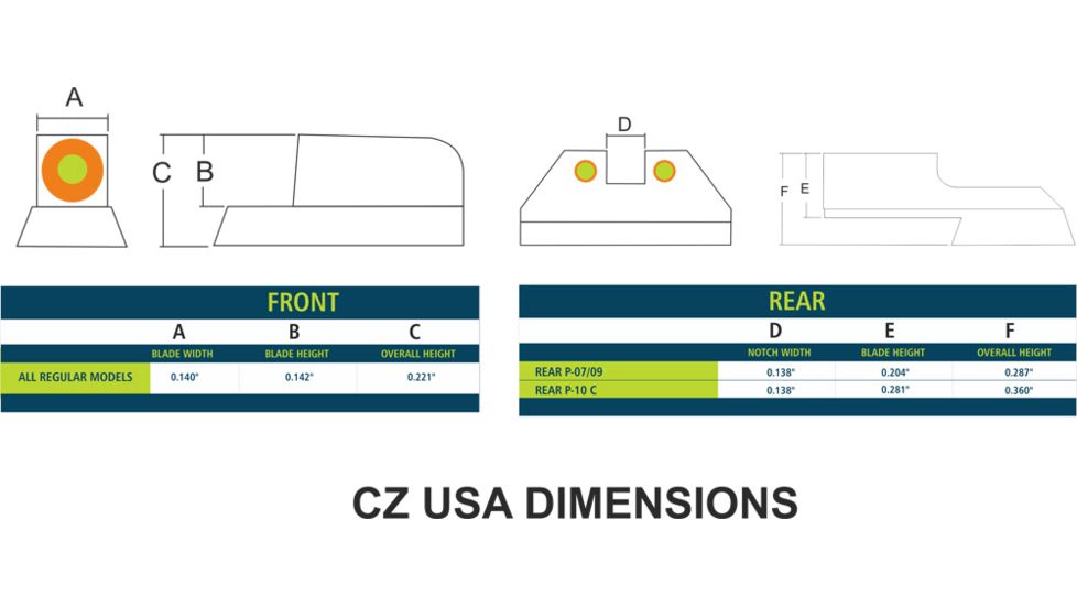 Night Fision Perfect Dot Front Night Sights w/ U Notch Rear for CZ-USA, Yellow Front w/ Green Tritium - Black Rear w/ Gree, fits P-10 C, CZU-077-007-YGZG