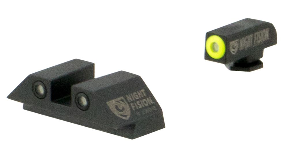 Night Fision Perfect Dot Night Sight Set w/Front, Square Rear, Yellow Front w/Green Tritium, Black Rear w/Green T, Fits Glock 42/43, GLK-003-003-YGZG